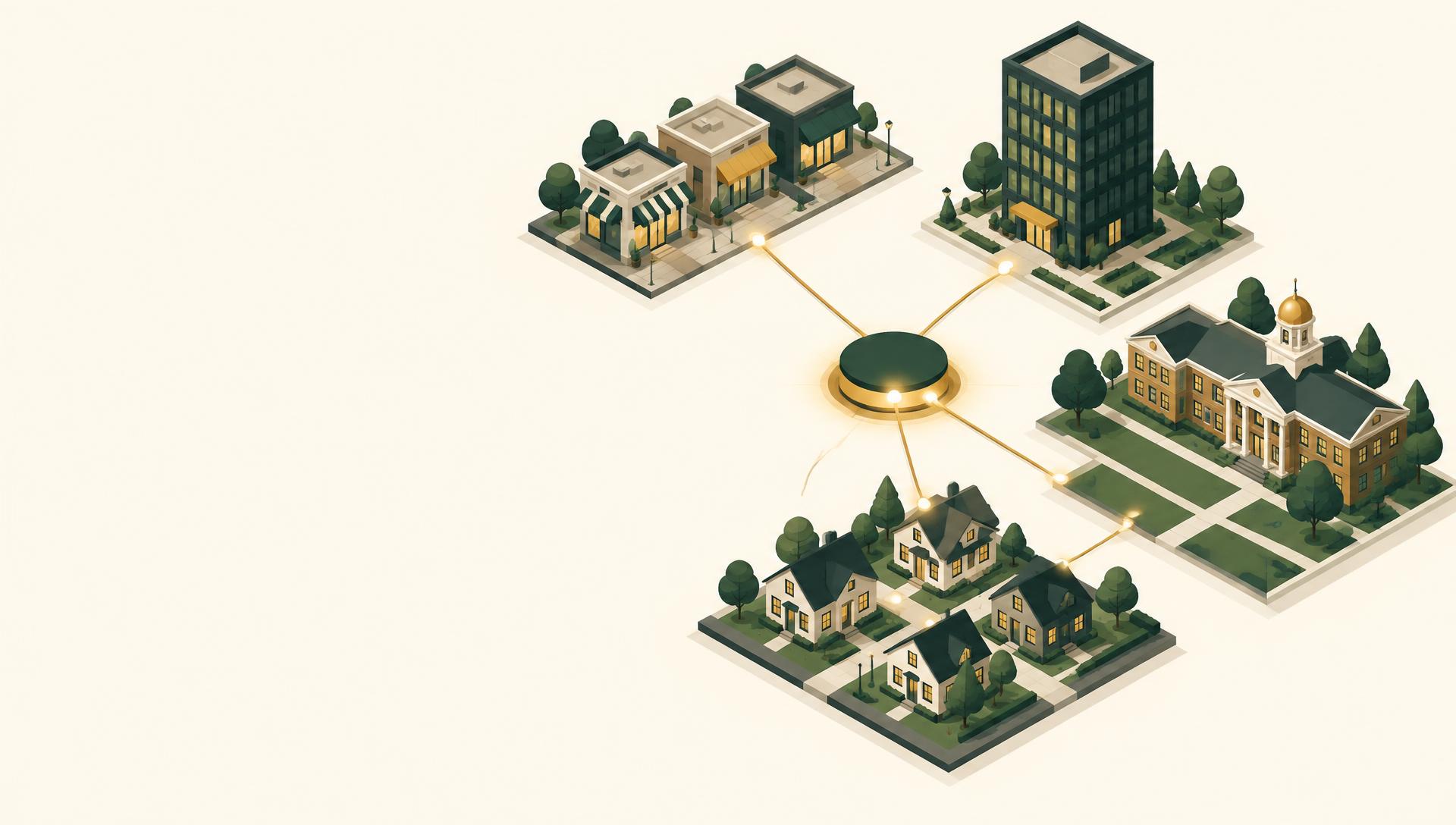 Shops, an office tower, a campus and homes connected to one network